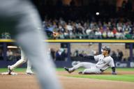 April 26, 2024: New York Yankees outfielder Juan Soto (22) tries to break up a double play unsuccessfully during the game between the Milwaukee Brewers and the New York Yankees at American Family Field in Milwaukee, WI. Darren Lee\/CSM (Credit Image: Darren Lee\/Cal Sport Media