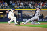 April 26, 2024: New York Yankees outfielder Alex Verdugo (24) is caught stealing by Milwaukee Brewers second base Brice Turang (2) during the game between the Milwaukee Brewers and the New York Yankees at American Family Field in Milwaukee, WI. Darren Lee\/CSM (Credit Image: Darren Lee\/Cal Sport Media
