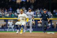 April 26, 2024: Milwaukee Brewers catcher William Contreras (24) rounds second as he completes a double during the game between the Milwaukee Brewers and the New York Yankees at American Family Field in Milwaukee, WI. Darren Lee\/CSM (Credit Image: Darren Lee\/Cal Sport Media
