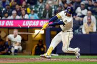 April 26, 2024: Milwaukee Brewers second base Brice Turang (2) breaks his bat during the game between the Milwaukee Brewers and the New York Yankees at American Family Field in Milwaukee, WI. Darren Lee\/CSM (Credit Image: Darren Lee\/Cal Sport Media