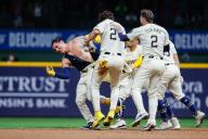April 26, 2024: Milwaukee Brewers third base Joey Ortiz (3) has his jersey torn off by celebrating teammates after his walk-off hit RBI after the game between the Milwaukee Brewers and the New York Yankees at American Family Field in Milwaukee, WI. Darren Lee\/CSM (Credit Image: Darren Lee\/Cal Sport Media