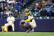 April 26, 2024: Milwaukee Brewers catcher William Contreras (24) waits for a batter during the game between the Milwaukee Brewers and the New York Yankees at American Family Field in Milwaukee, WI. Darren Lee\/CSM (Credit Image: Darren Lee\/Cal Sport Media