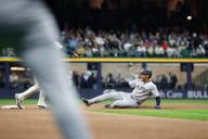 April 26, 2024: New York Yankees outfielder Juan Soto (22) tries to break up a double play unsuccessfully during the game between the Milwaukee Brewers and the New York Yankees at American Family Field in Milwaukee, WI. Darren Lee\/CSM (Credit Image: Darren Lee\/Cal Sport Media