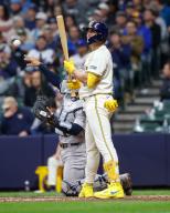 April 26, 2024: Milwaukee Brewers shortstop Willy Adames (27) at bat during the game between the Milwaukee Brewers and the New York Yankees at American Family Field in Milwaukee, WI. Darren Lee\/CSM (Credit Image: Darren Lee\/Cal Sport Media