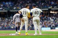 April 26, 2024: Milwaukee Brewers shortstop Willy Adames (27) talks with third base coach Jason Lane (40) during the game between the Milwaukee Brewers and the New York Yankees at American Family Field in Milwaukee, WI. Darren Lee\/CSM (Credit Image: Darren Lee\/Cal Sport Media