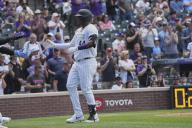 April 25 2024: Colorado first baseman Elehuris Montero (44) hits a homer during the San Diego and Colorado Rockies game held at Coors Field in Denver Co. David Seelig\/Cal Sport Medi(Credit Image: ÃÂ David Seelig \/ Cal Sport Media\/Cal Sport Media) (Credit Image: Â David Seelig \/ Cal Sport Media\/Cal Sport Media