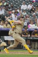 April 25 2024: Colorado first baseman Jake Cronenworth (9) gets a hit during the San Diego and Colorado Rockies game held at Coors Field in Denver Co. David Seelig\/Cal Sport Medi(Credit Image: ÃÂ David Seelig \/ Cal Sport Media\/Cal Sport Media) (Credit Image: Â David Seelig \/ Cal Sport Media\/Cal Sport Media