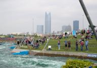April 27, 2024:.Fans line the course to watch and cheer on competitors in the US Olympic Team Trials for Kayak Slalom at Riversport in Oklahoma City, OK. Ron Lane (Credit Image: Â Ron Lane\/Cal Sport Media