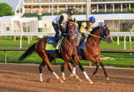 April 28, 2024, Louisville, Kentucky, USA: Catalytic, trained by Saffie Joseph Jr., exercises in preparation for the upcoming 150th running of the Kentucky Derby at Churchill Downs in Louisville, Kentucky on April 28, 2024 Tere Poplin\/Eclipse Sportswire\/CSM(Credit Image: Tere Poplin\/Cal Sport Media