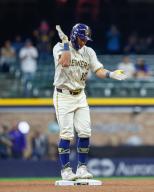April 29, 2024: Milwaukee Brewers outfielder Sal Frelick (10) celebrates his lead off double in the ninth during the game between the Milwaukee Brewers and the Tampa Bay Rays at American Family Field in Milwaukee, WI. Darren Lee\/CSM (Credit Image: Darren Lee\/Cal Sport Media