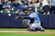 April 29, 2024: Wisconsin native Tampa Bay Rays catcher Ben Rortvedt (30) warming up the pitcher between innings during the game between the Milwaukee Brewers and the Tampa Bay Rays at American Family Field in Milwaukee, WI. Darren Lee\/CSM (Credit Image: Darren Lee\/Cal Sport Media