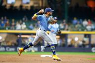 April 29, 2024: Tampa Bay Rays shortstop JosÅ½ Caballero (7) fields a ball and throws the runner out at first during the game between the Milwaukee Brewers and the Tampa Bay Rays at American Family Field in Milwaukee, WI. Darren Lee\/CSM (Credit Image: Darren Lee\/Cal Sport Media