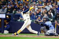 April 29, 2024: Milwaukee Brewers third base Joey Ortiz (3) gets a double during the game between the Milwaukee Brewers and the Tampa Bay Rays at American Family Field in Milwaukee, WI. Darren Lee\/CSM (Credit Image: Darren Lee\/Cal Sport Media