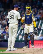 April 29, 2024: Milwaukee Brewers catcher William Contreras (24) talks with Milwaukee Brewers pitcher Bryan Hudson (52) during the game between the Milwaukee Brewers and the Tampa Bay Rays at American Family Field in Milwaukee, WI. Darren Lee\/CSM (Credit Image: Darren Lee\/Cal Sport Media