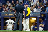 April 29, 2024: Milwaukee Brewers manager Pat Murphy (21) discusses questionable pitches against his team during the game between the Milwaukee Brewers and the Tampa Bay Rays at American Family Field in Milwaukee, WI. Darren Lee\/CSM (Credit Image: Darren Lee\/Cal Sport Media