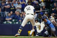 April 29, 2024: Milwaukee Brewers first base Rhys Hoskins (12) is beaned during the game between the Milwaukee Brewers and the Tampa Bay Rays at American Family Field in Milwaukee, WI. Darren Lee\/CSM (Credit Image: Darren Lee\/Cal Sport Media