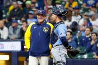 April 29, 2024: Milwaukee Brewers manager Pat Murphy (21) talks with Wisconsin native Tampa Bay Rays catcher Ben Rortvedt (30) during a challenge in the game between the Milwaukee Brewers and the Tampa Bay Rays at American Family Field in Milwaukee, WI. Darren Lee\/CSM (Credit Image: Darren Lee\/Cal Sport Media