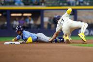 April 29, 2024: Tampa Bay Rays shortstop JosÅ½ Caballero (7) is tagged out by Milwaukee Brewers shortstop Willy Adames (27) during the game between the Milwaukee Brewers and the Tampa Bay Rays at American Family Field in Milwaukee, WI. Darren Lee\/CSM (Credit Image: Darren Lee\/Cal Sport Media