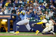 April 29, 2024: Tampa Bay Rays shortstop JosÅ½ Caballero (7) hits a single during the game between the Milwaukee Brewers and the Tampa Bay Rays at American Family Field in Milwaukee, WI. Darren Lee\/CSM (Credit Image: Darren Lee\/Cal Sport Media