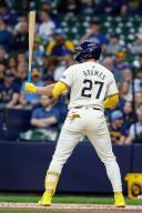 April 29, 2024: Milwaukee Brewers shortstop Willy Adames (27) at bat during the game between the Milwaukee Brewers and the Tampa Bay Rays at American Family Field in Milwaukee, WI. Darren Lee\/CSM (Credit Image: Darren Lee\/Cal Sport Media