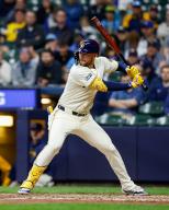 April 29, 2024: Milwaukee Brewers second base Brice Turang (2) at bat during the game between the Milwaukee Brewers and the Tampa Bay Rays at American Family Field in Milwaukee, WI. Darren Lee\/CSM (Credit Image: Darren Lee\/Cal Sport Media
