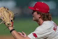May 1, 2024: Arkansas first baseman Ben McLaughlin #6 opens his glove to receive the ball while covering first..Arkansas defeated Missouri State 8-5 in Fayetteville, AR. Richey Miller\/CSM(Credit Image: Richey Miller\/Cal Sport Media