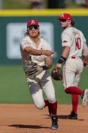 May 1, 2024: Razorback infielder Wehiwa Aloy #9 follows through on his throw over to first to complete a double play. .Arkansas defeated Missouri State 8-5 in Fayetteville, AR. Richey Miller\/CSM(Credit Image: Richey Miller\/Cal Sport Media