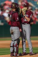 May 1, 2024: Carter Bergman #26 Missouri State catcher has a conversation with his pitcher Hunter Day #29 on the mound. Arkansas defeated Missouri State 8-5 in Fayetteville, AR. Richey Miller\/CSM(Credit Image: Richey Miller\/Cal Sport Media