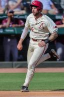 May 1, 2024: Parker Rowland #44 of Arkansas comes around third base head towards the plate. Arkansas defeated Missouri State 8-5 in Fayetteville, AR. Richey Miller\/CSM(Credit Image: Richey Miller\/Cal Sport Media
