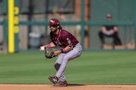 May 1, 2024: Missouri State infielder Tyler Epstein #4 pulls the ball from his glove as he prepares to make a throw to first. Arkansas defeated Missouri State 8-5 in Fayetteville, AR. Richey Miller\/CSM(Credit Image: Richey Miller\/Cal Sport Media
