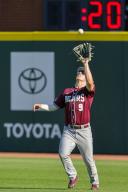 May 1, 2024: Missouri State outfielder Xach Stewart #9 comes in under a fly ball hit towards him. Arkansas defeated Missouri State 8-5 in Fayetteville, AR. Richey Miller\/CSM(Credit Image: Richey Miller\/Cal Sport Media