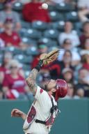 May 1, 2024: Razorback catcher Parker Rowland #44 settles under a pop up behind the plate. Arkansas defeated Missouri State 8-5 in Fayetteville, AR. Richey Miller\/CSM(Credit Image: Richey Miller\/Cal Sport Media