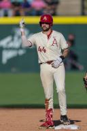 May 1, 2024: Parker Rowland #44 of Arkansas signals back towards the dugout after safely reaching second on a double. Arkansas defeated Missouri State 8-5 in Fayetteville, AR. Richey Miller\/CSM(Credit Image: Richey Miller\/Cal Sport Media