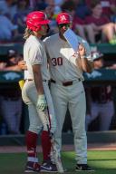 May 1, 2024: Arkansas third base coach Nate Thompson #30 has a conversation with Wehiwa Aloy #9 before he steps into the batterÃs box. Arkansas defeated Missouri State 8-5 in Fayetteville, AR. Richey Miller\/CSM(Credit Image: Richey Miller\/Cal Sport Media