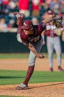 May 1, 2024: Bears pitcher Curry Sutherland #44 follows through on his motion after a pitch. Arkansas defeated Missouri State 8-5 in Fayetteville, AR. Richey Miller\/CSM(Credit Image: Richey Miller\/Cal Sport Media