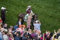 May 3, 2024, Louisville, Ky, USA: Thorpedo Anna, ridden by Brian Hernandez Jr., with connections after winning the Kentucky Oaks Stakes on Kentucky Oaks Day at Churchill Downs in Louisville, Kentucky on May 3, 2024. photo by Jon Durr\/Eclipse Sportswire\/CSM(Credit Image: Jon Durr\/Cal Sport Media