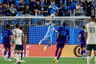 May 4, 2024: Charlotte FC goalkeeper Kristijan Kahlina (1) blocks the shot against the Portland Timbers during the second half of the Major League Soccer match up at Bank of America Stadium in Charlotte, NC. (Scott KinserCal Sport Media) (Credit Image: Â Scott Kinser\/Cal Sport Media