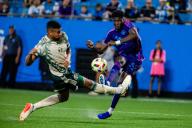 May 4, 2024: Charlotte FC forward Patrick Agyemang (33) shoots against the Portland Timbers during the second half of the Major League Soccer match up at Bank of America Stadium in Charlotte, NC. (Scott KinserCal Sport Media) (Credit Image: Â Scott Kinser\/Cal Sport Media