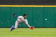 May 5th, 2024: Syracuse Mets outfielder Luisangel Acuna (2) dives for a ball in a game against the Rochester Red Wings. The Rochester Red Wings hosted the Syracuse Mets on Cinco De Mayo Celebration in an International League game at Innovative Field in Rochester, New York. (Jonathan Tenca\/CSM) (Credit Image: Â Jonathan Tenca\/Cal Sport Media