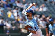 May 8, 2024: Kansas City Royals relief pitcher Nick Anderson (63) delivers a pitch against the Milwaukee Brewers during the seventh inning at Kauffman Stadium in Kansas City, MO. David Smith\/CSM (Credit Image: Â David Smith\/Cal Sport Media