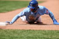 May 8, 2024: Kansas City Royals shortstop Bobby Witt Jr. (7) slides back safe to first base during the sixth inning of a game against the Milwaukee Brewers at Kauffman Stadium in Kansas City, MO. David Smith\/CSM (Credit Image: Â David Smith\/Cal Sport Media