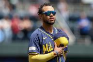 May 8, 2024: Milwaukee Brewers outfielder Blake Perkins (16) during the National Anthem before the game with the Kansas City Royals at Kauffman Stadium in Kansas City, MO. David Smith\/CSM (Credit Image: Â David Smith\/Cal Sport Media