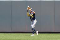 May 8, 2024: Milwaukee Brewers outfielder Blake Perkins (16) catches a fly ball for an out against the Kansas City Royals during the second inning at Kauffman Stadium in Kansas City, MO. David Smith\/CSM (Credit Image: Â David Smith\/Cal Sport Media
