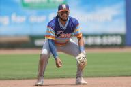 May 08, 2024: Montgomery Biscuits infielder Jalen Battles (23) plays at third base during an MiLB game between the Biloxi Shuckers and Montgomery Biscuits at the Ball Park in Biloxi, Mississippi. Bobby McDuffie\/CSM (Credit Image: Bobby Mcduffie\/Cal Sport Media