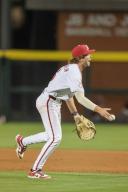 May 10, 2024: Arkansas first baseman Ben McLaughlin #6 makes an under handed toss over to first after fielding a ball. Arkansas defeated Mississippi State 7-5 in Fayetteville, AR. Richey Miller/CSM(Credit Image: Richey Miller/Cal Sport Media