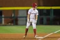 May 10, 2024: Hudson White #8 of Arkansas flexes back towards to the dugout after arriving safely at first following an rbi hit. Arkansas defeated Mississippi State 7-5 in Fayetteville, AR. Richey Miller/CSM(Credit Image: Richey Miller/Cal Sport Media