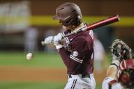 May 10, 2024: Mississippi State pinch hitter Nolan Stevens #36 reacts as a ball comes inside towards his arm. .Arkansas defeated Mississippi State 7-5 in Fayetteville, AR. Richey Miller/CSM(Credit Image: Richey Miller/Cal Sport Media
