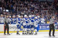 May 10th, 2024: Syracuse Crunch players celebrate a goal in the first period against the Rochester Americans. The Rochester Americans hosted the Syracuse Crunch in Game 5 of the American Hockey League Northeast Division Semifinals at Blue Cross Arena in Rochester, New York. (Jonathan Tenca/CSM) (Credit Image: Â Jonathan Tenca/Cal Sport Media