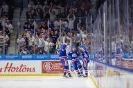 May 10th, 2024: Rochester Americans players celebrate a goal in the first period against the Syracuse Crunch. The Rochester Americans hosted the Syracuse Crunch in Game 5 of the American Hockey League Northeast Division Semifinals at Blue Cross Arena in Rochester, New York. (Jonathan Tenca/CSM) (Credit Image: Â Jonathan Tenca/Cal Sport Media