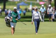May 11, 2024: Nelly Korda of the United States walks the fairway with her caddy during the third round at the Cognizant Founders Cup at the Upper Montclair Country Club in Clifton, NJ. Mike Langish\/CSM (Credit Image: ÃÂ Mike Langish\/Cal Sport Media) (Credit Image: Â Mike Langish\/Cal Sport Media